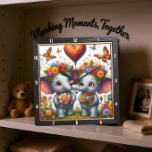 Elephant Couple Floral Crown スクエア壁時計