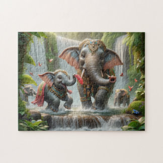 Elephant Family Jungle Waterfall Happy Time ジグソーパズル