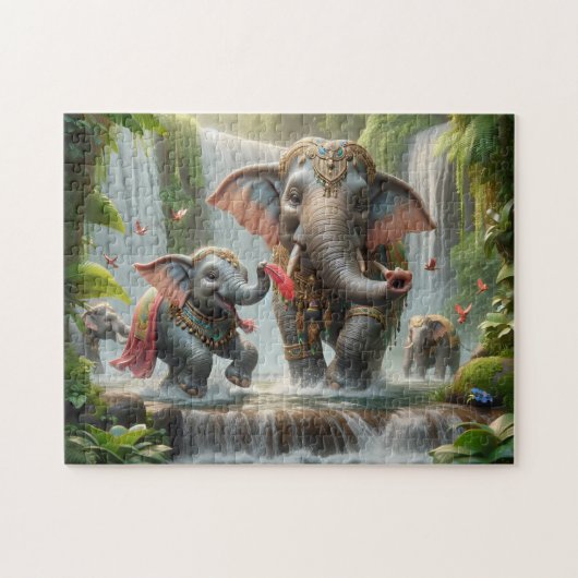Elephant Family Jungle Waterfall Happy Time ジグソーパズル (横)