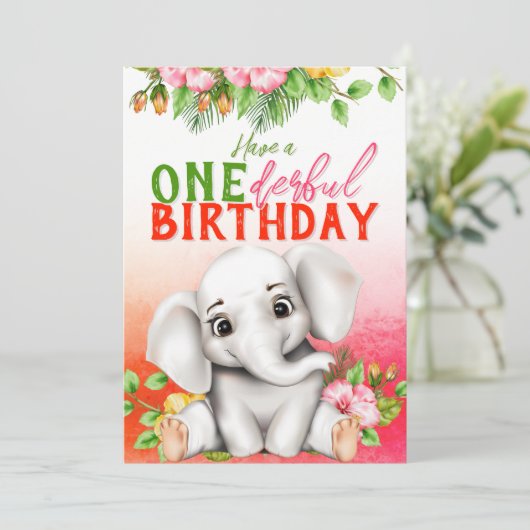 Elephant Floral 1st Birthday カード (スタンド正面)