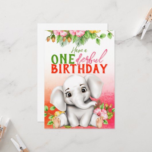 Elephant Floral 1st Birthday カード (正面/裏面インサイチュ)