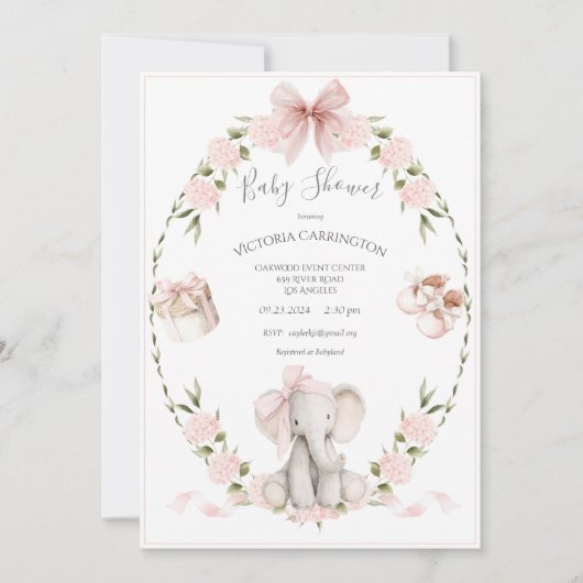 Elephant Floral Hydrangeas Pink Girl Baby Shower 招待状 (正面)