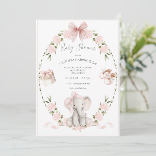 Elephant Floral Hydrangeas Pink Girl Baby Shower 招待状 (スタンド正面)