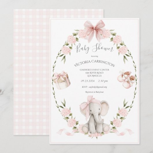 Elephant Floral Hydrangeas Pink Girl Baby Shower 招待状 (正面/裏面)