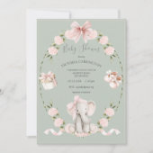 Elephant Floral Hydrangeas Sage Girl Baby Shower 招待状 (正面)