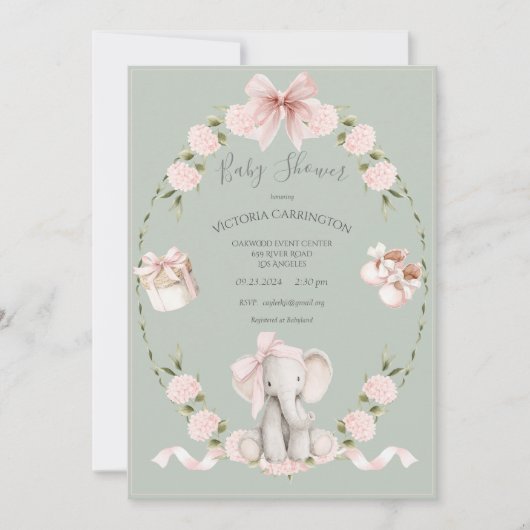 Elephant Floral Hydrangeas Sage Girl Baby Shower 招待状 (正面)