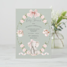 Elephant Floral Hydrangeas Sage Girl Baby Shower 招待状