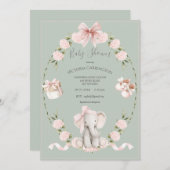 Elephant Floral Hydrangeas Sage Girl Baby Shower 招待状 (正面/裏面)