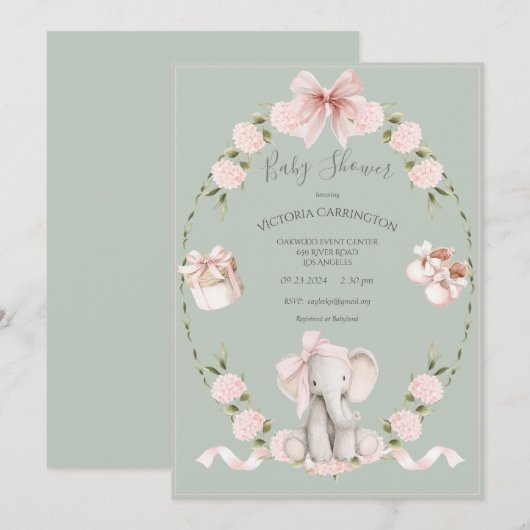 Elephant Floral Hydrangeas Sage Girl Baby Shower 招待状 (正面/裏面)