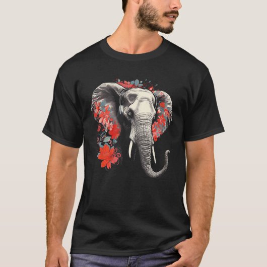 Elephant Flowers Music Animal Elephant Tシャツ (正面)