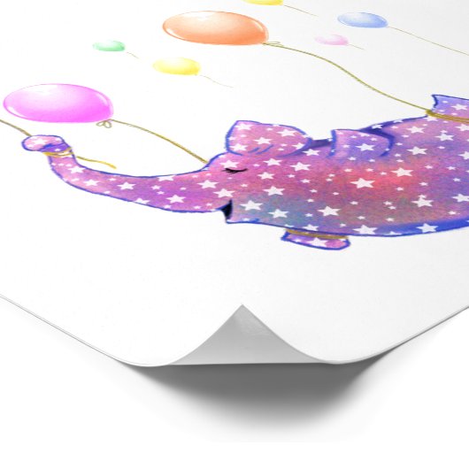Elephant Flying with Colorful Balloons Poster ポスター (角)