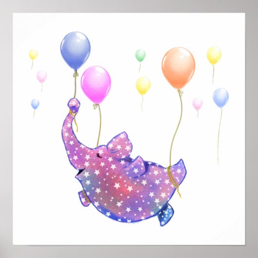 Elephant Flying with Colorful Balloons Poster ポスター (正面)