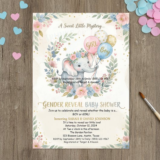 Elephant Gender Reveal Invitation | Pink & Blue Fl 招待状