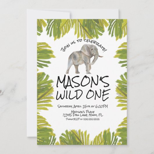Elephant Greenery First Birthday 招待状 (正面)