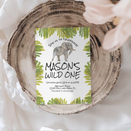 Elephant Greenery First Birthday 招待状