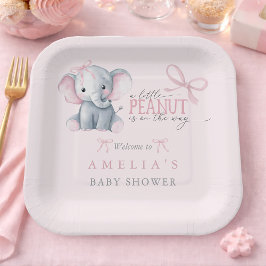 Elephant 'Little Peanut' Pink Bow Baby Girl Shower ペーパープレート