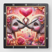 Elephant Love Heart Pink スクエア壁時計 (正面)