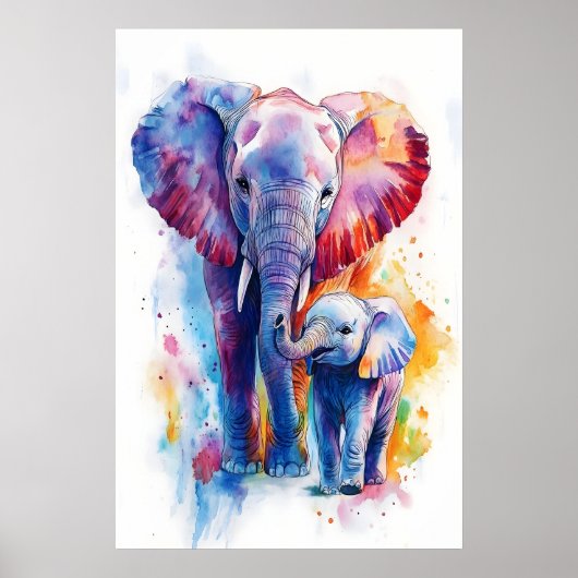 Elephant Mama and Baby Watercolor Print, Nursery ポスター (正面)