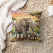 Elephant Mama And Calf Safari Animals クッション (ブランケット)