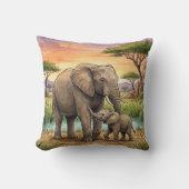 Elephant Mama And Calf Safari Animals クッション (正面)