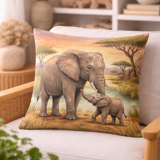 Elephant Mama And Calf Safari Animals クッション
