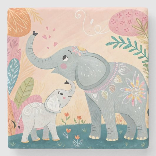 Elephant Mom and Baby ストーンコースター (正面)