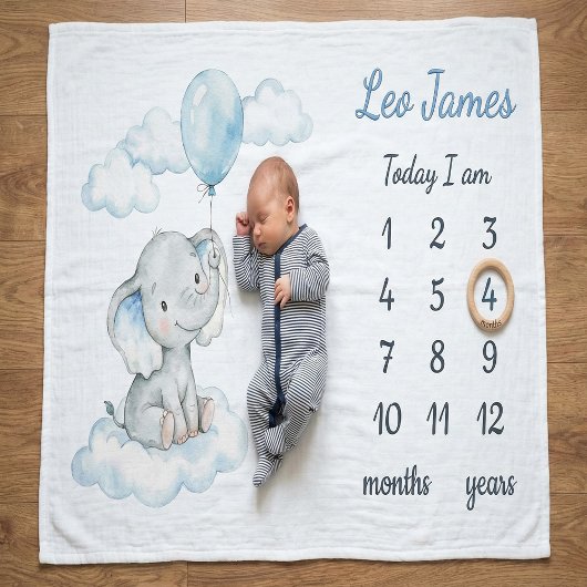 Elephant on Cloud Personalized Boy Milestone Baby フリースブランケット