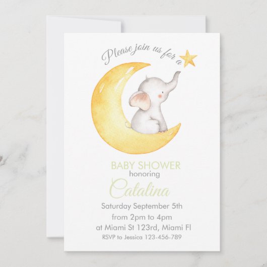 Elephant on Moon Baby Shower Invitation 招待状 (正面)