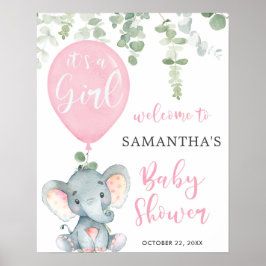 Elephant pink balloon girl baby shower welcome ポスター
