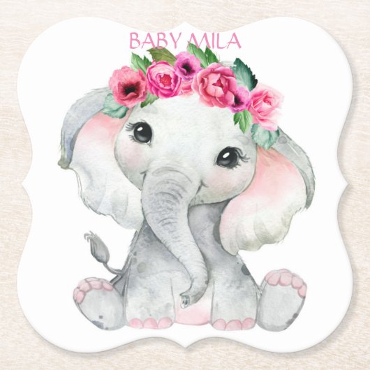 Elephant pink girl baby shower favor ペーパーコースター (正面)