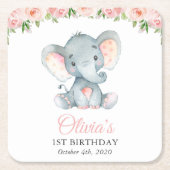 Elephant, Pink Watercolor Flowers, First Birthday  スクエアペーパーコースター (正面)