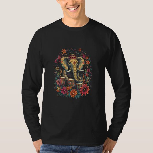 Elephant Playing Drums Drumming Drummer Boho Hawa Tシャツ (正面)