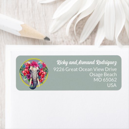 Elephant tropical flowers lovers blue custom ラベル (インサイチュ)