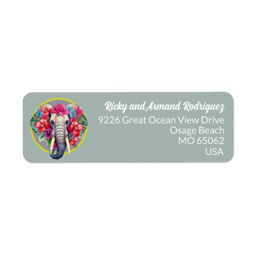 Elephant tropical flowers lovers blue custom ラベル (正面)