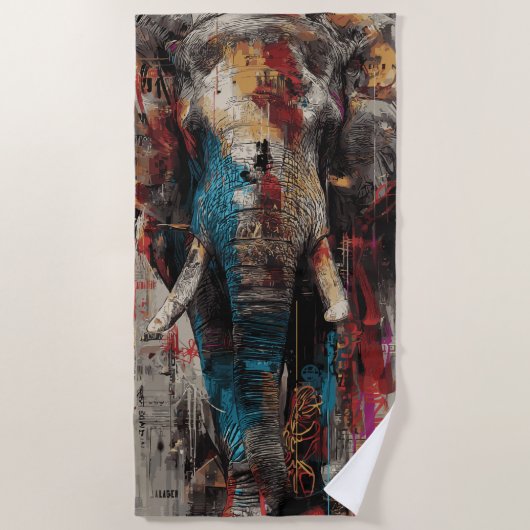 Elephant Urban Street Art Portrait ビーチタオル (正面)