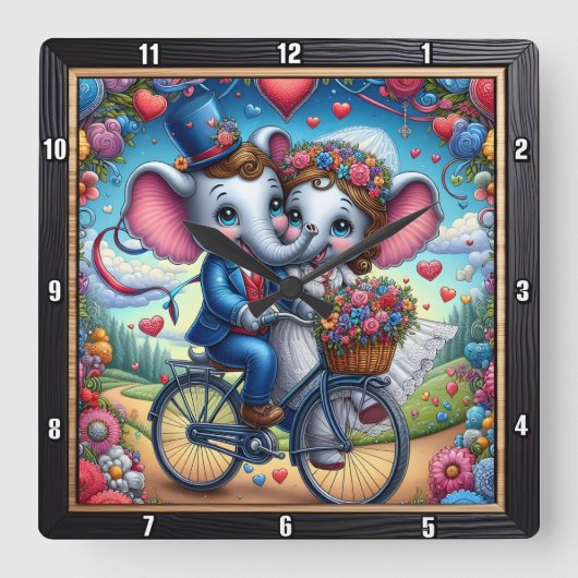Elephant Wedding Bicycle Romantic スクエア壁時計 (正面)