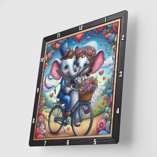 Elephant Wedding Bicycle Romantic スクエア壁時計 (傾斜)