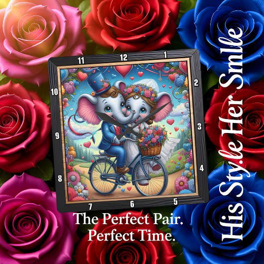 Elephant Wedding Bicycle Romantic スクエア壁時計