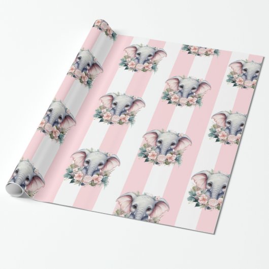 Elephant Wrapping Paper Pink & White Stripe  ラッピングペーパー (アンロールド)