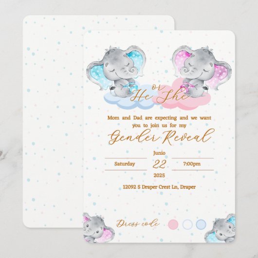Elephant's Gender Reveal Invitation 招待状 (正面/裏面)