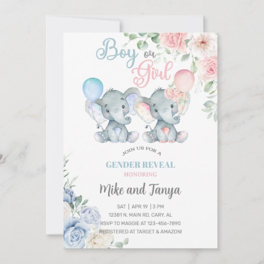 Elephants gender reveal invite, pink blue flowers. 招待状 (正面)