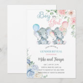 Elephants gender reveal invite, pink blue flowers. 招待状 (正面/裏面)
