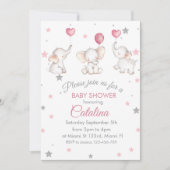 Elephants with Baloons Girl Baby Shower Invitation 招待状 (正面)