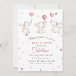 Elephants with Baloons Girl Baby Shower Invitation 招待状