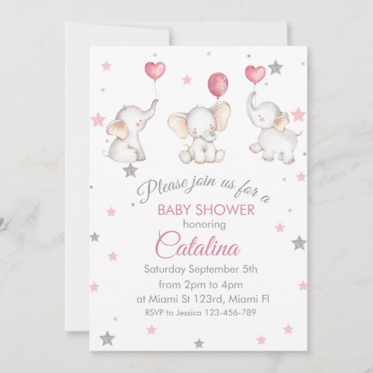 Elephants with Baloons Girl Baby Shower Invitation 招待状 (正面)