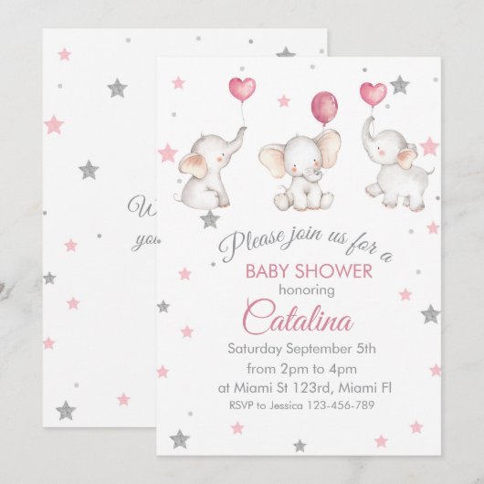 Elephants with Baloons Girl Baby Shower Invitation 招待状 (正面/裏面)