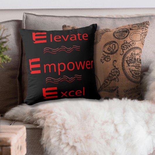 Elevate Empower Excel  モチベーションを高める赤と黒のデザイン クッション