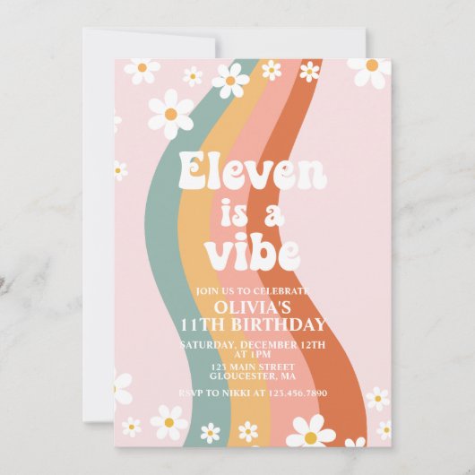 Eleven is a Vibe グルービーレインボー11歳の誕生日 招待状 (正面)