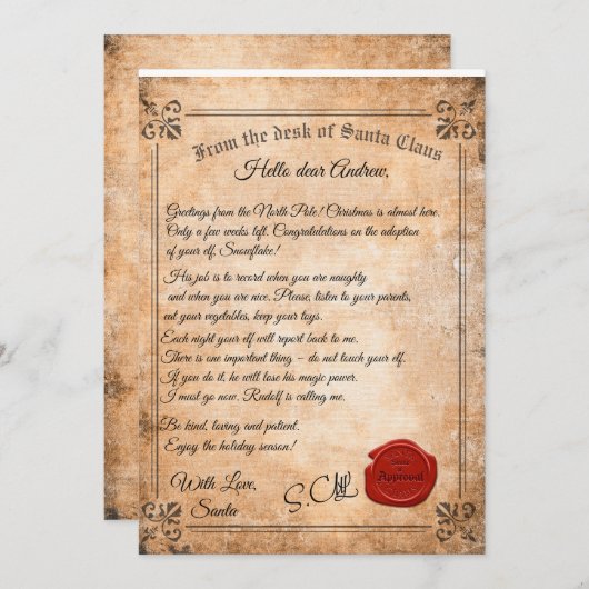 Elf Adoption Letter from Santa  招待状 (正面/裏面)