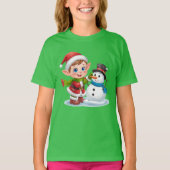 Elf Building Snowman – Fun Kids Christmas Tee Tシャツ (正面)
